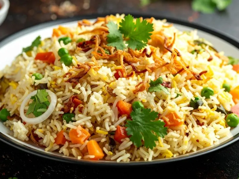 Colorful vegetable fried rice garnished with fresh cilantro at China Moon, a Chinese Restaurant in Twinsburg